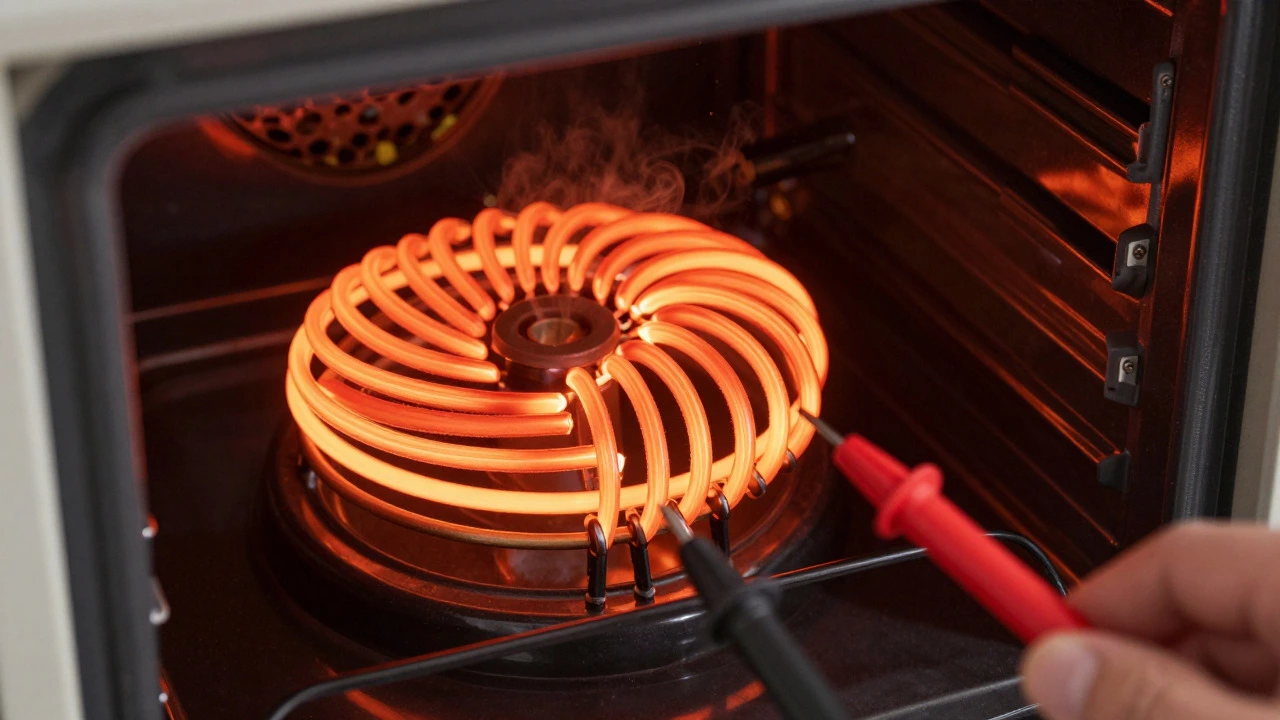 Glowing red oven heating element being tested with a multimeter.