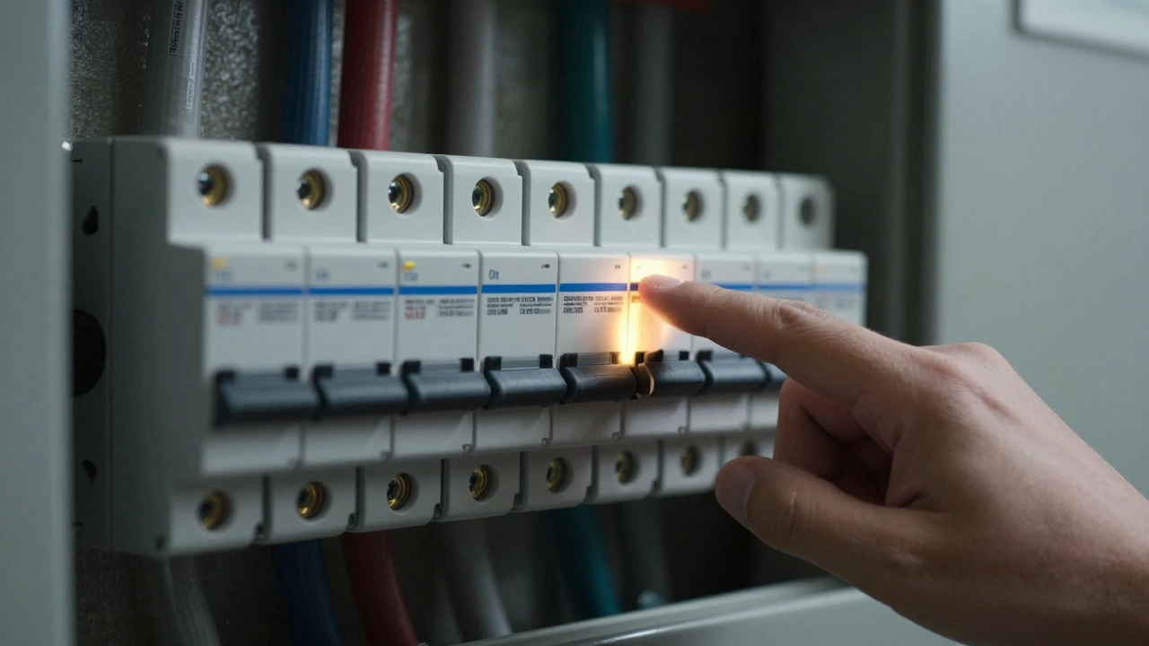 Hand flipping tripped circuit breaker for water heater