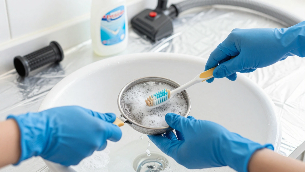 Hands scrubbing a greasy filter with a toothbrush