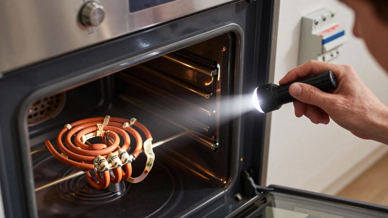Homeowner inspecting damaged heating element inside an electric oven