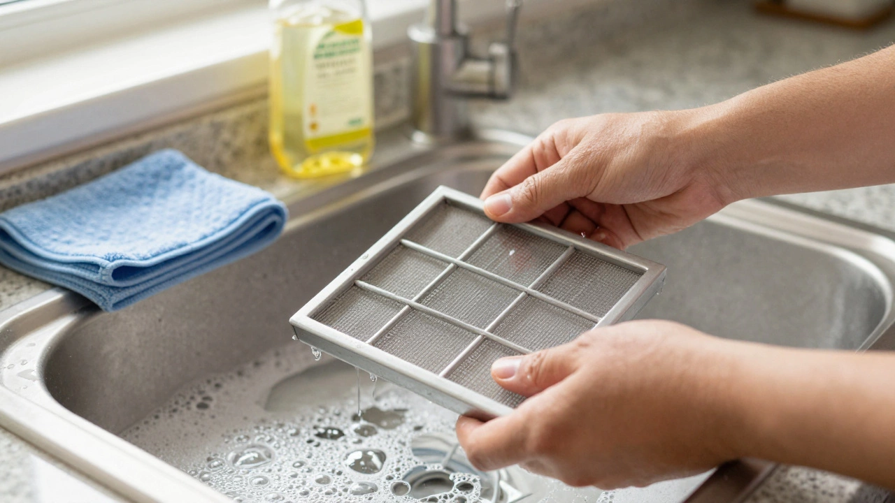 Homeowner washing metal extractor fan filter in soapy water