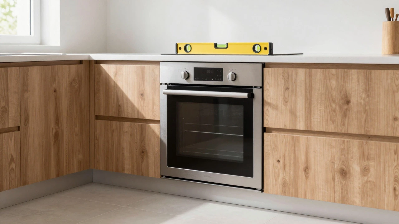 Newly installed stainless steel electric oven leveled in modern kitchen