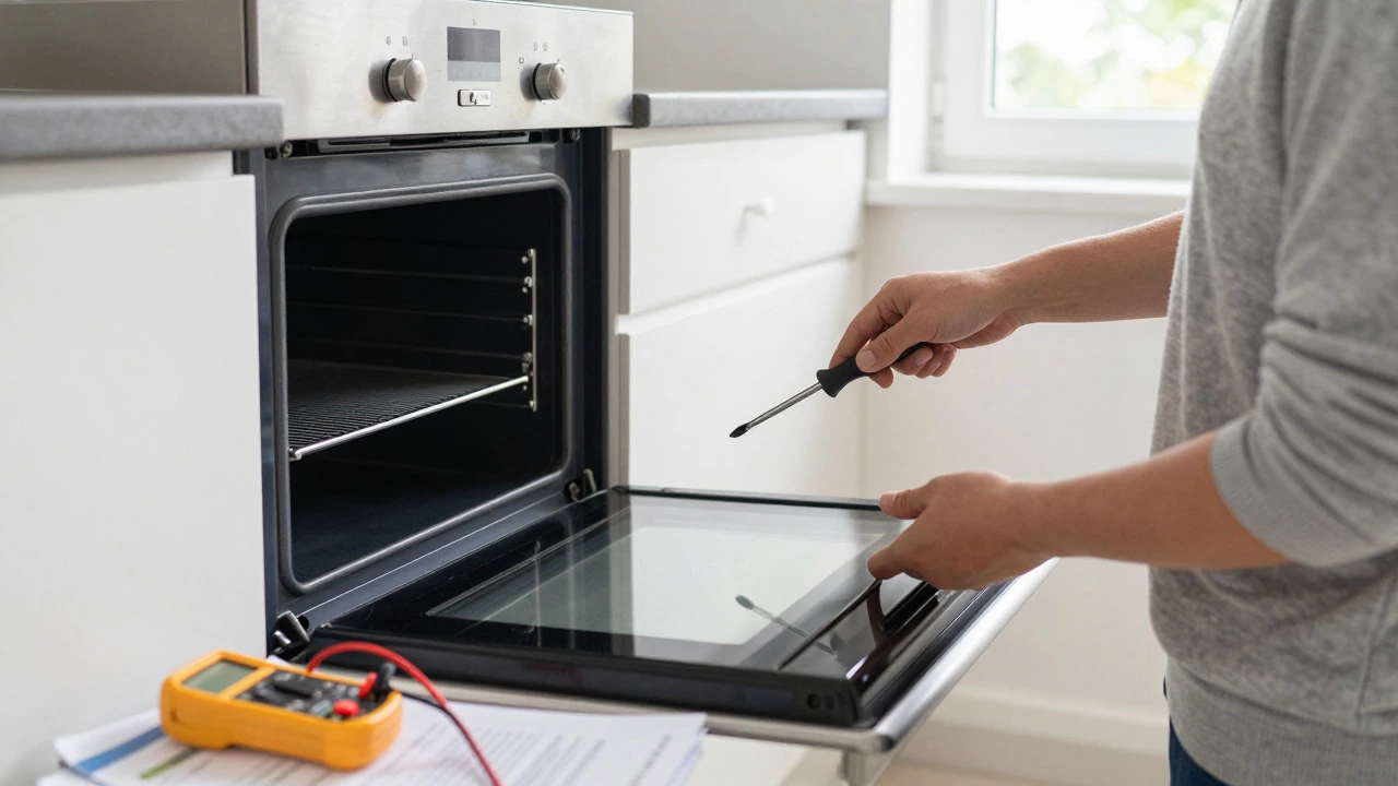 Person inspecting an oven door seal with tools in a kitchen.