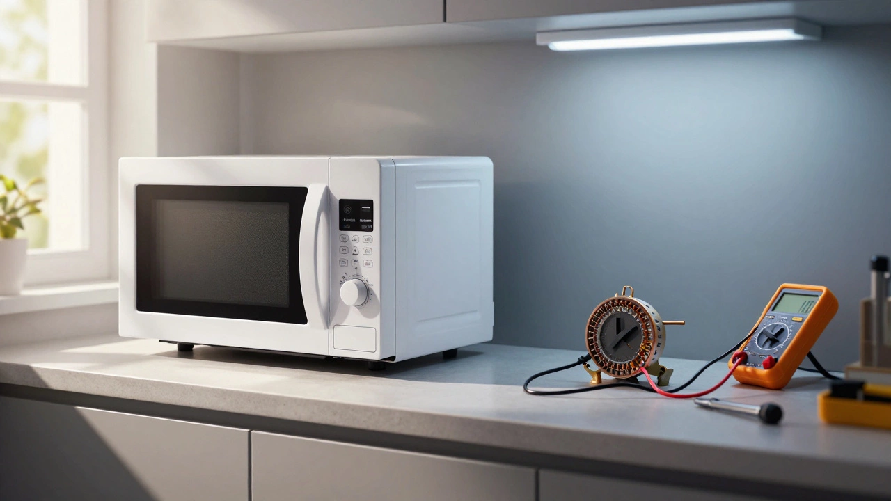 Split image comparing a new microwave on a counter versus repair tools