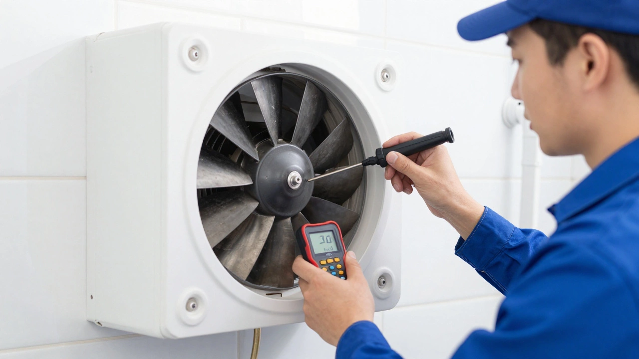 Technician inspecting internal motor of bathroom exhaust fan
