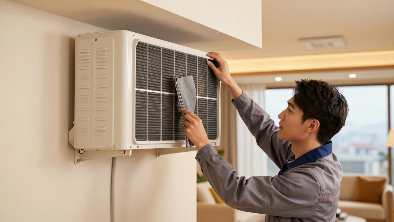 Technician maintaining a ductless mini-split unit in a living room