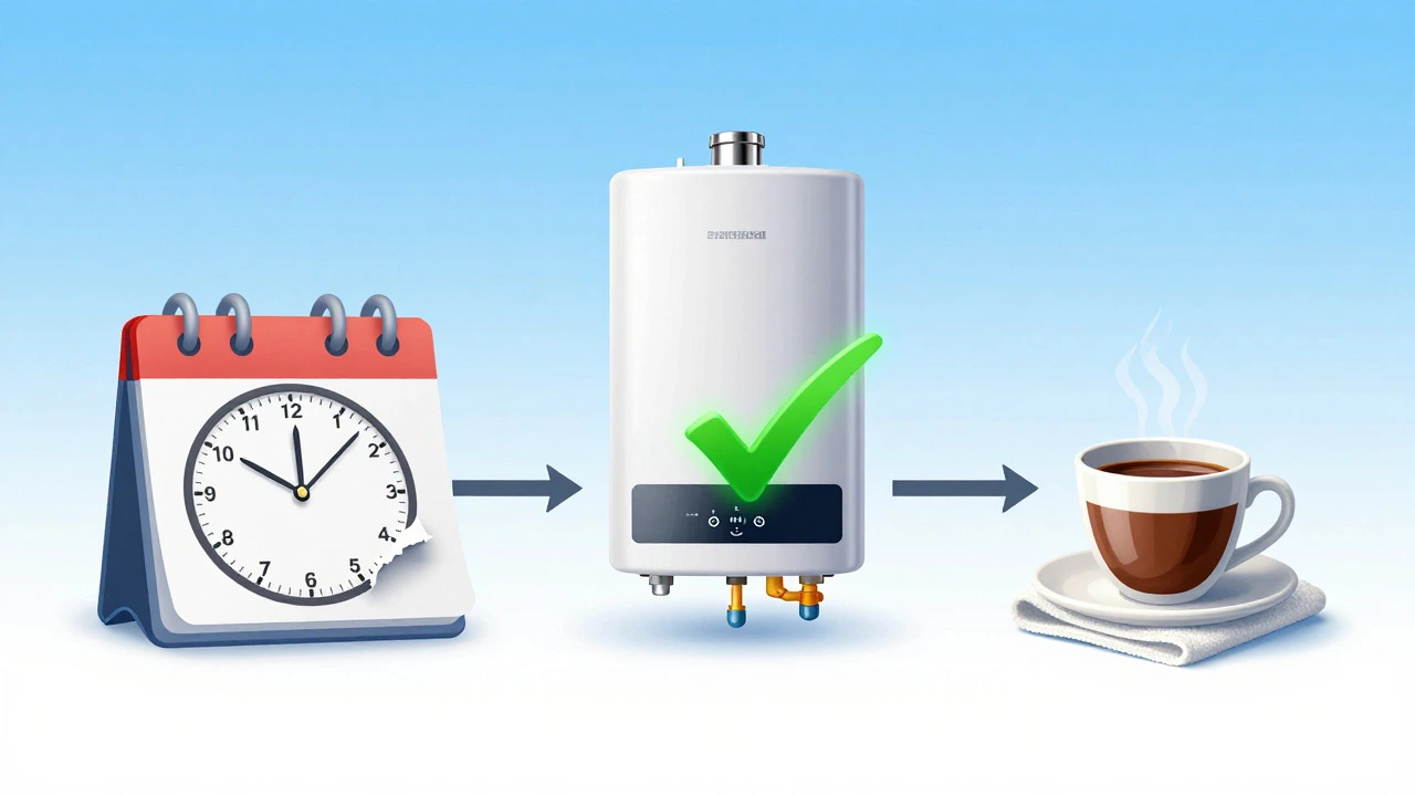 Artistic illustration depicting the progression from waiting for repairs to having hot water
