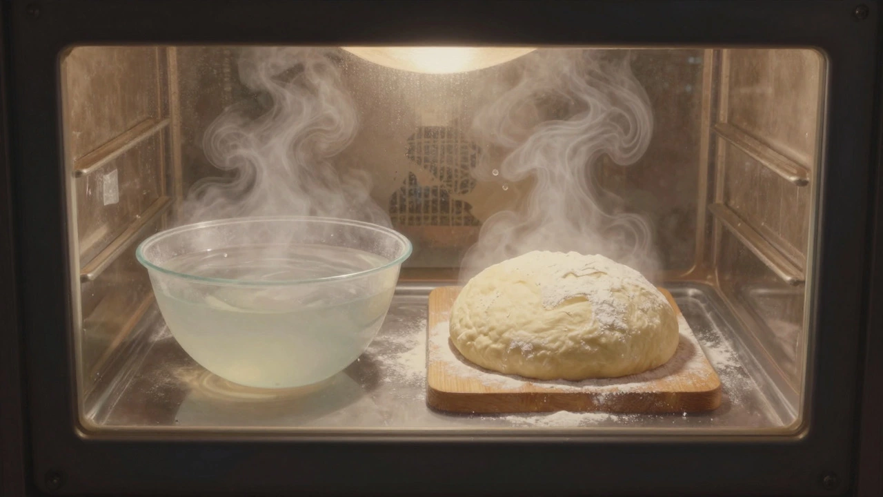 Bread dough proofing in an oven alongside a bowl of steaming hot water