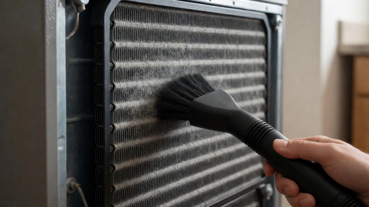 Cleaning dusty condenser coils at the back of a refrigerator