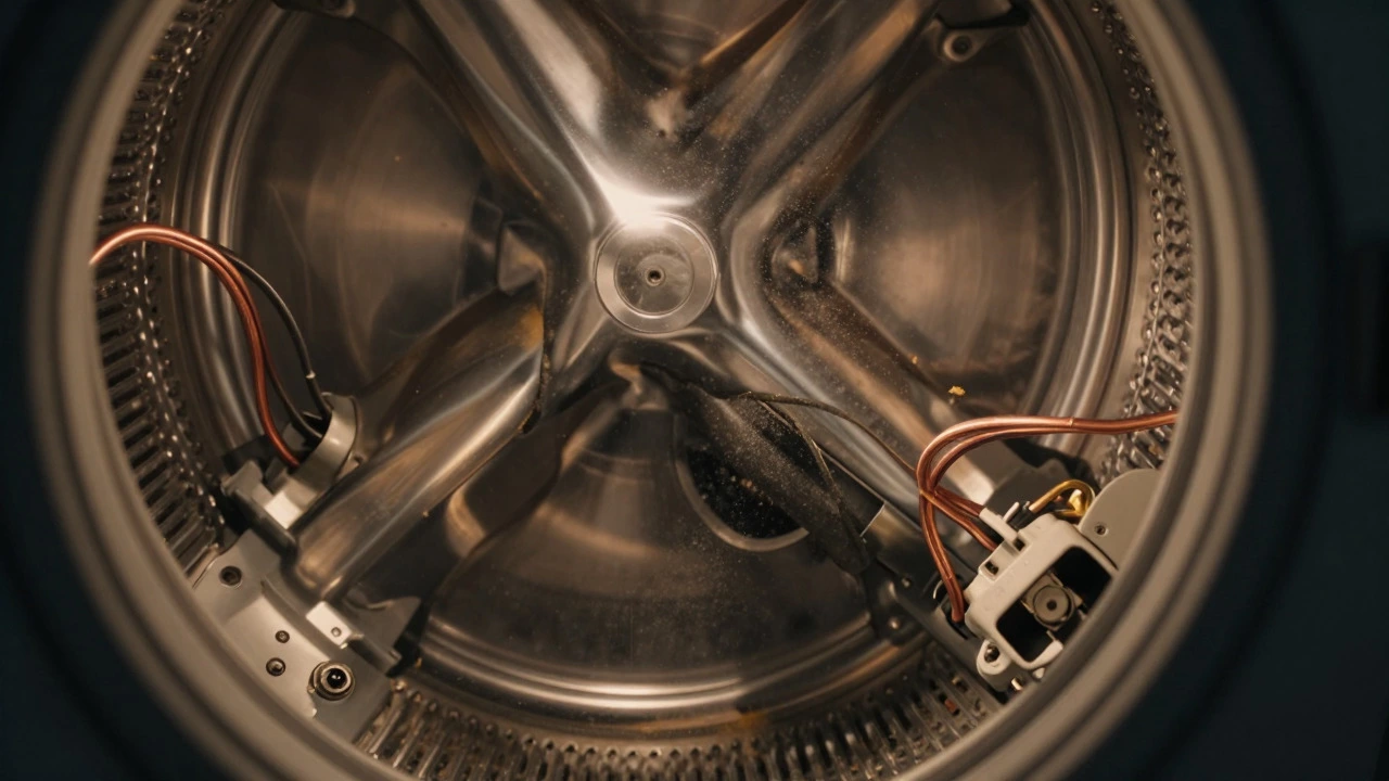 Close-up of dryer internal heating element and motor parts