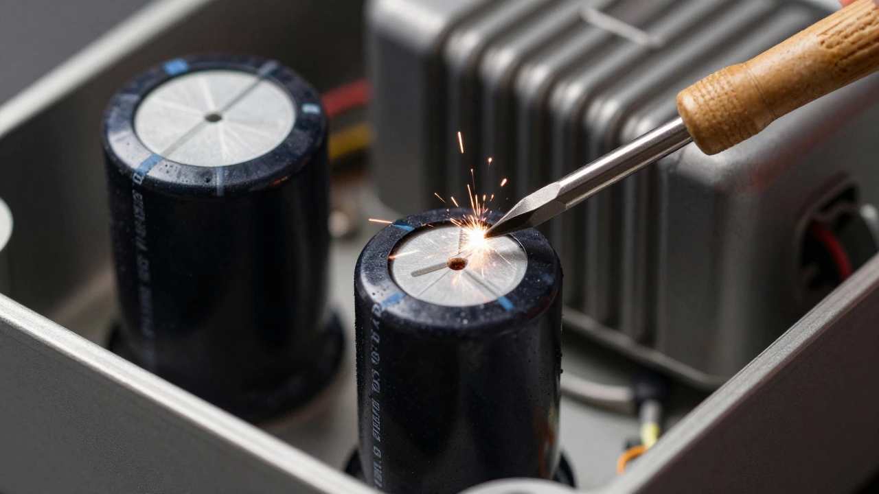 Close-up of microwave capacitor being discharged with screwdriver