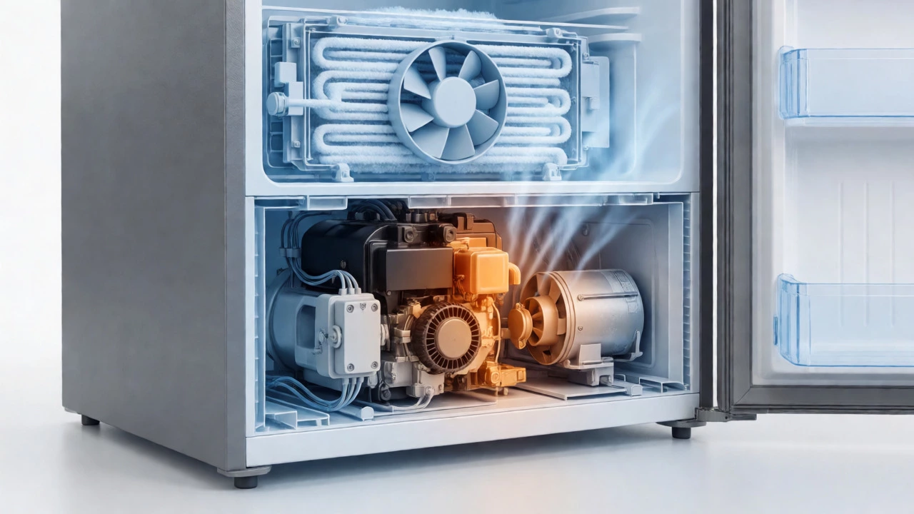 Cutaway view of fridge compressor, fans, and icy evaporator coils