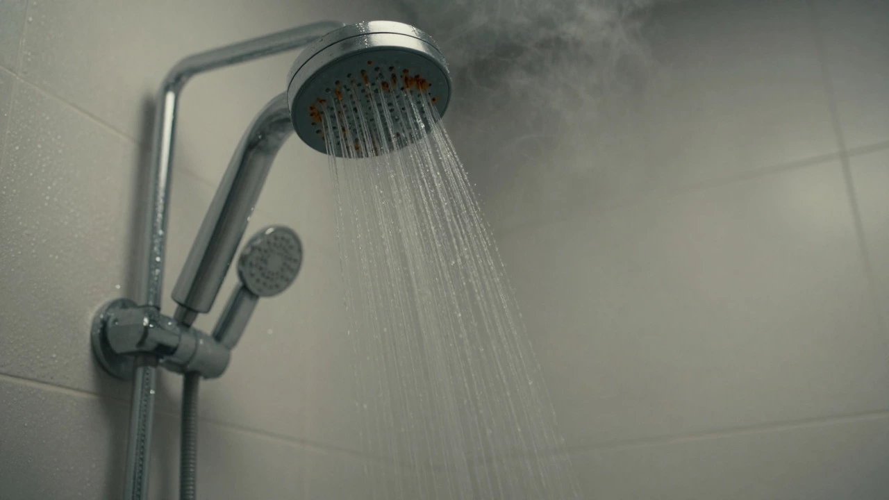 Discolored water flowing from a showerhead in a steamy bathroom