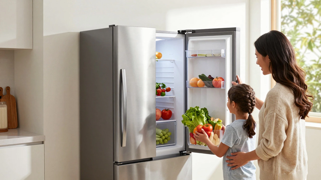 Family using durable new chest freezer in sunny kitchen