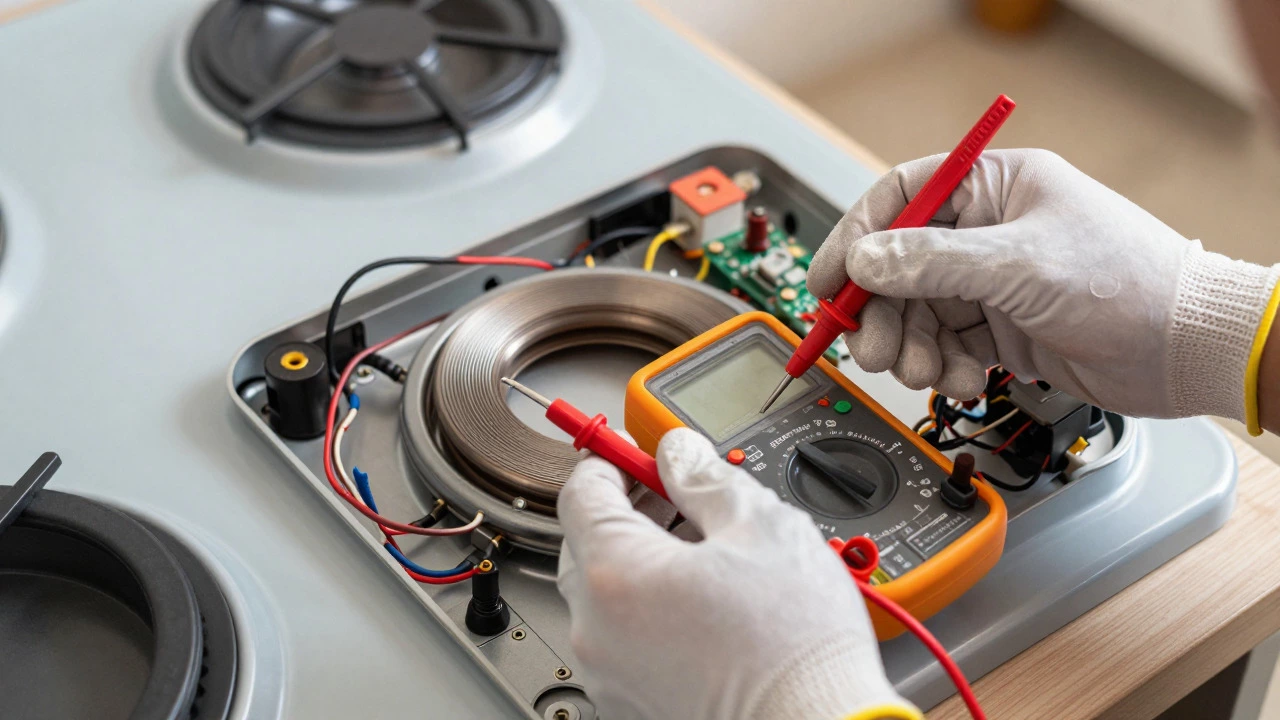 Hands using a multimeter to test internal wiring of an open electric hob