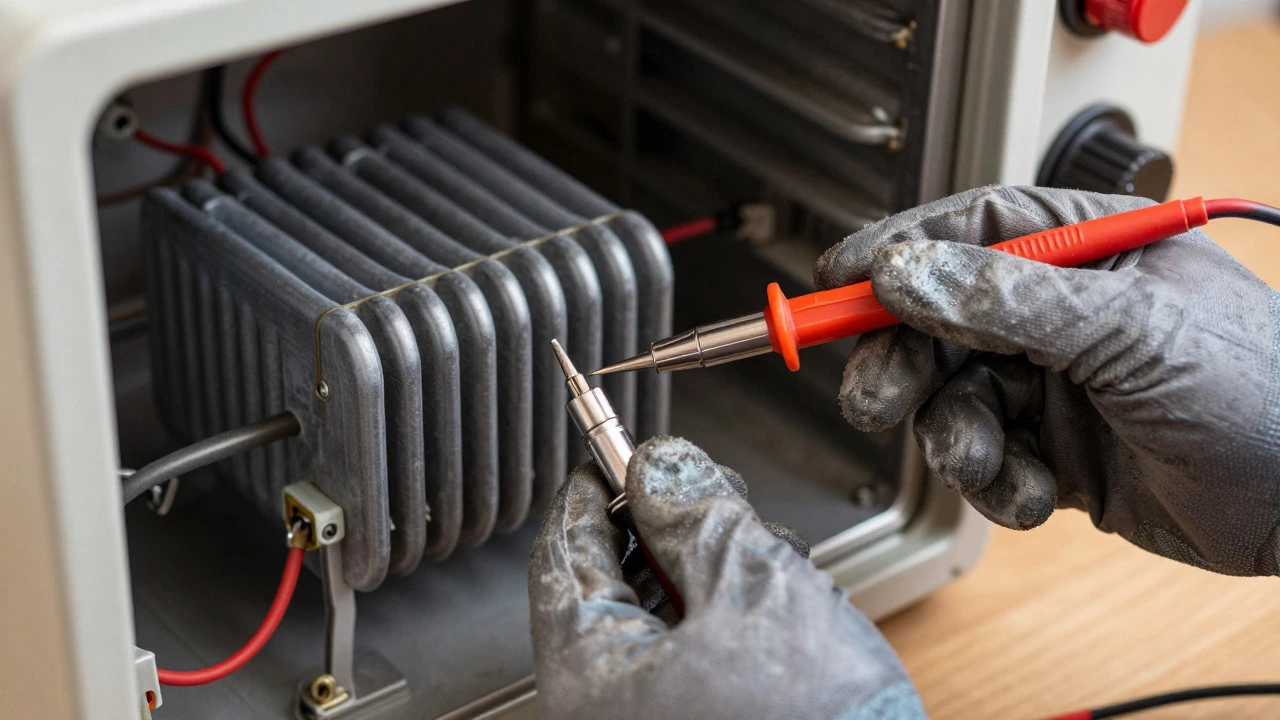 Hands using a multimeter to test the continuity of an oven heating element