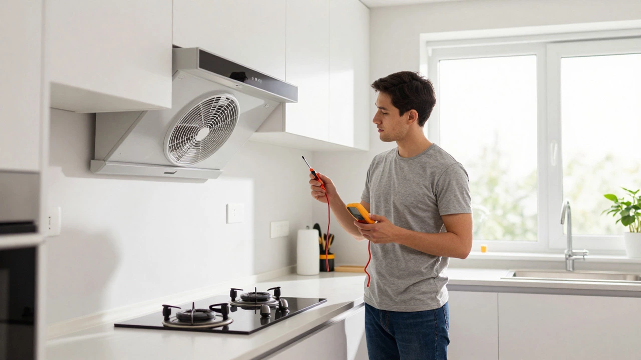 Homeowner inspecting a repaired kitchen extractor fan in a bright kitchen