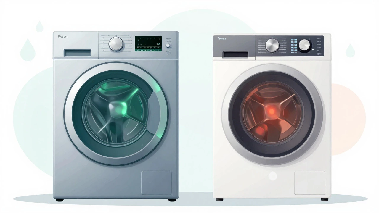 Illustration comparing a durable front-loader with a fragile budget top-loader washing machine