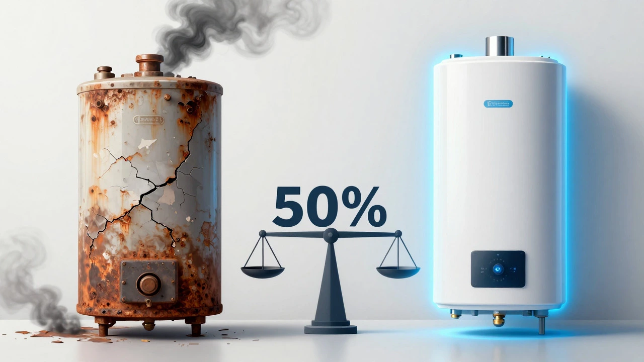 Illustration comparing an old broken water heater with a new efficient model