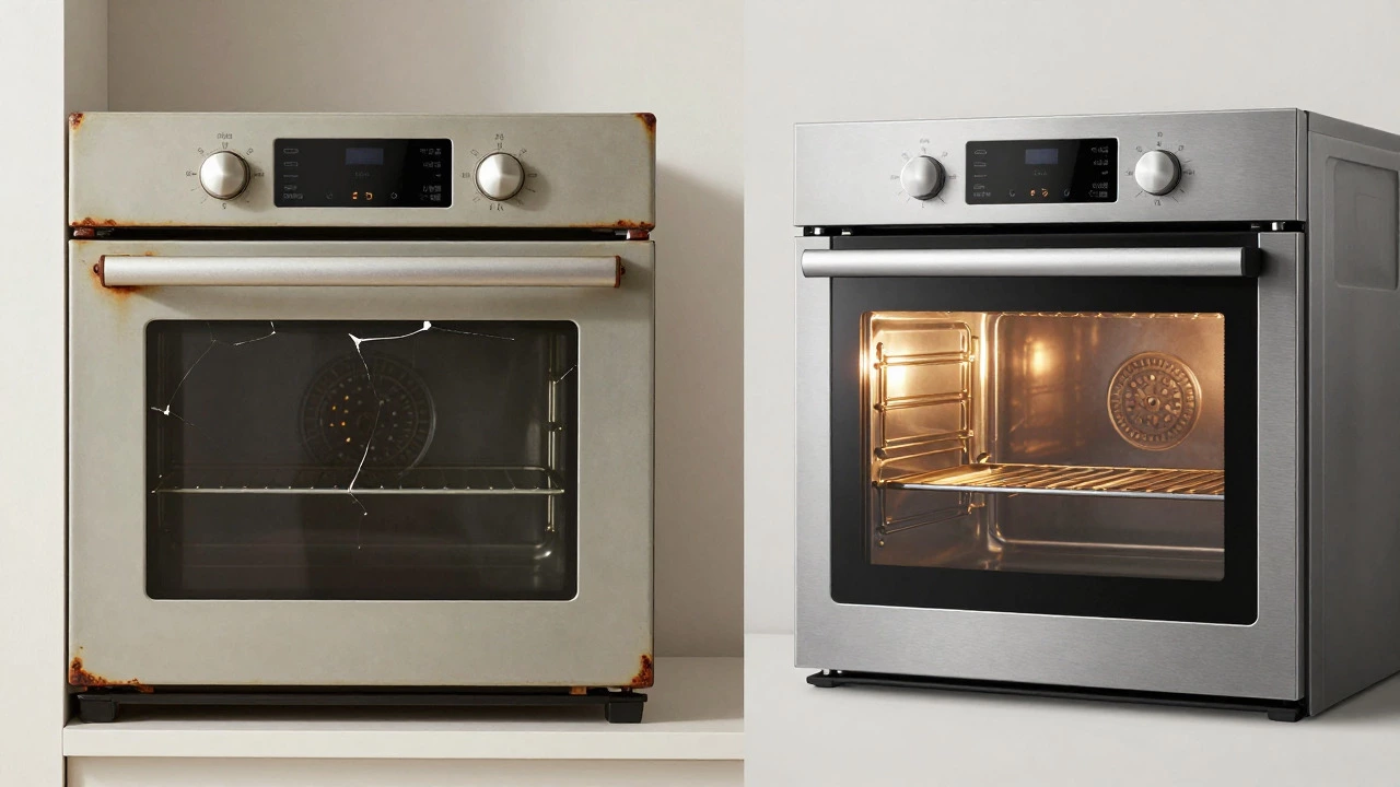 Old rusty oven compared to new efficient model