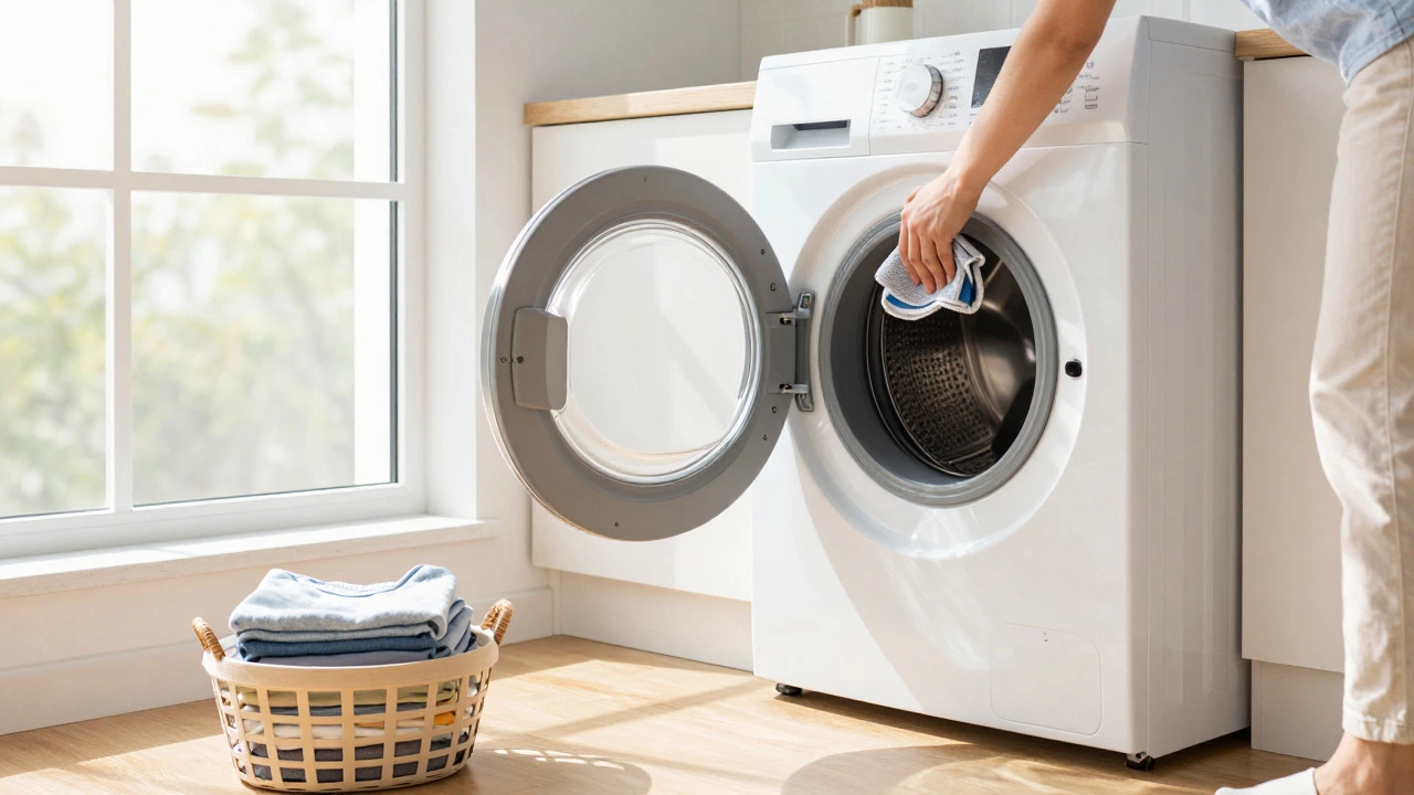 Person cleaning the rubber seal of a front-loading washing machine in a sunny laundry room
