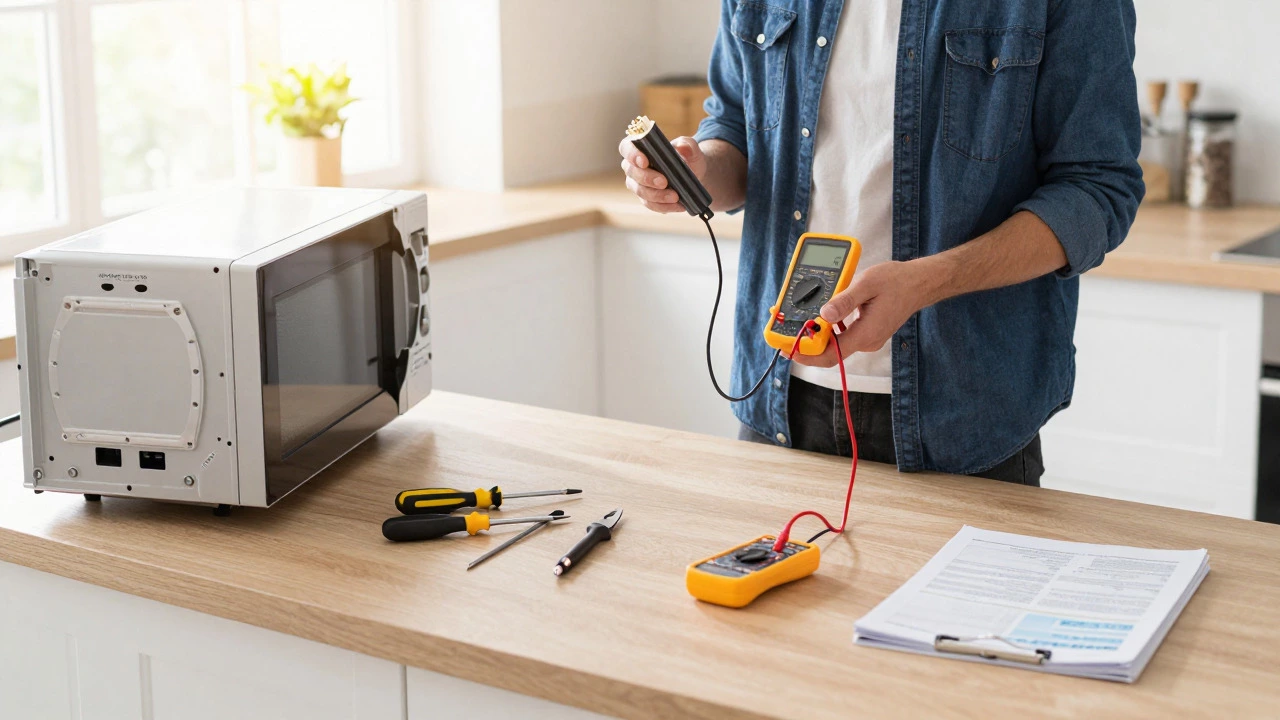 Person repairing microwave with tools and parts on kitchen counter