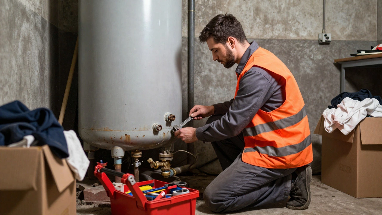 Plumber repairing a rusty water heater in a cramped basement utility room