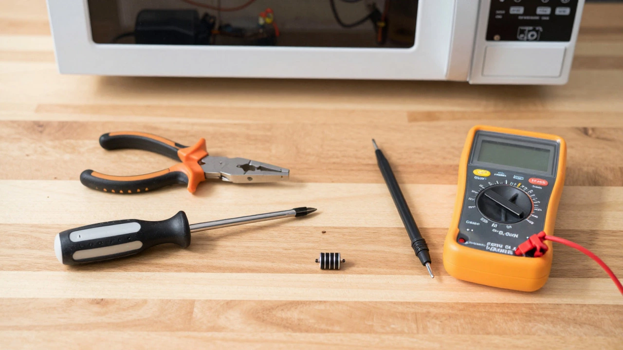 Repair tools and microwave fuse on workbench