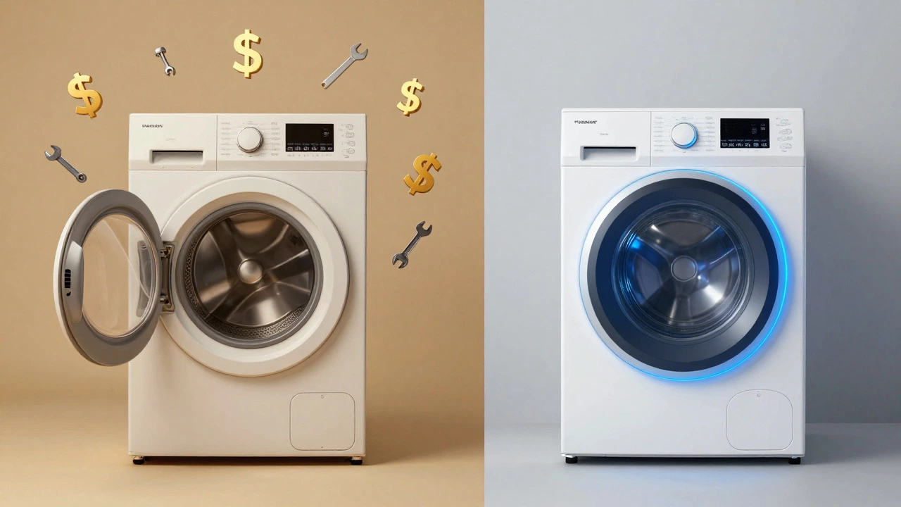 Split image comparing old dryer repair vs new efficient model