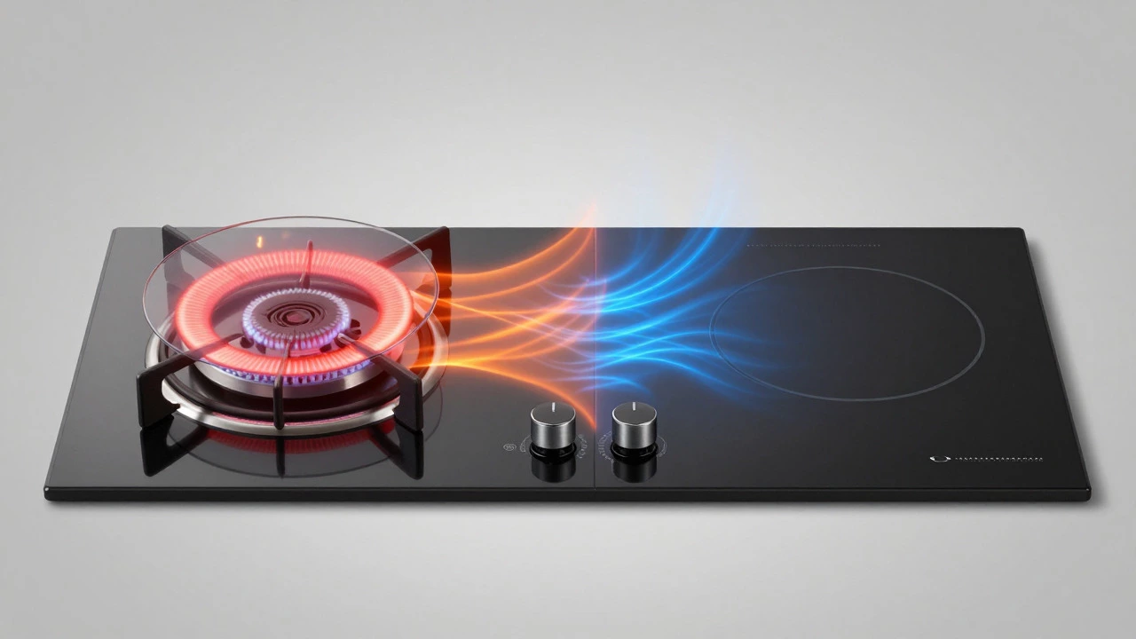 Split view comparing a glowing radiant hob element with a flat induction surface
