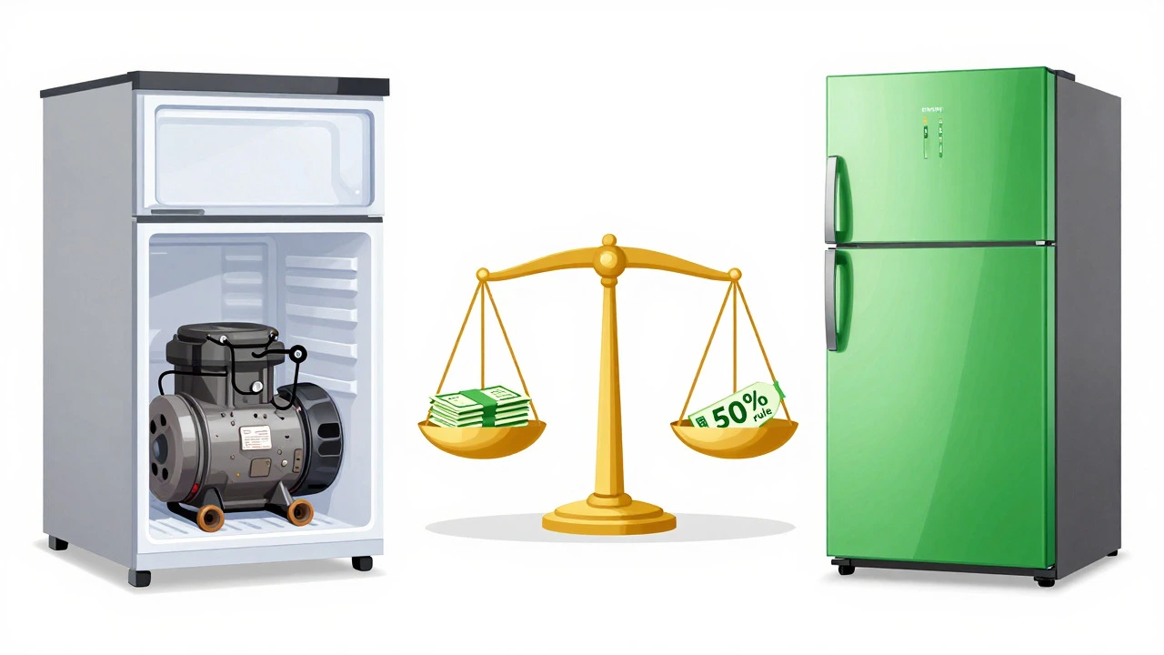 Visual comparison of repairing old vs buying new freezer