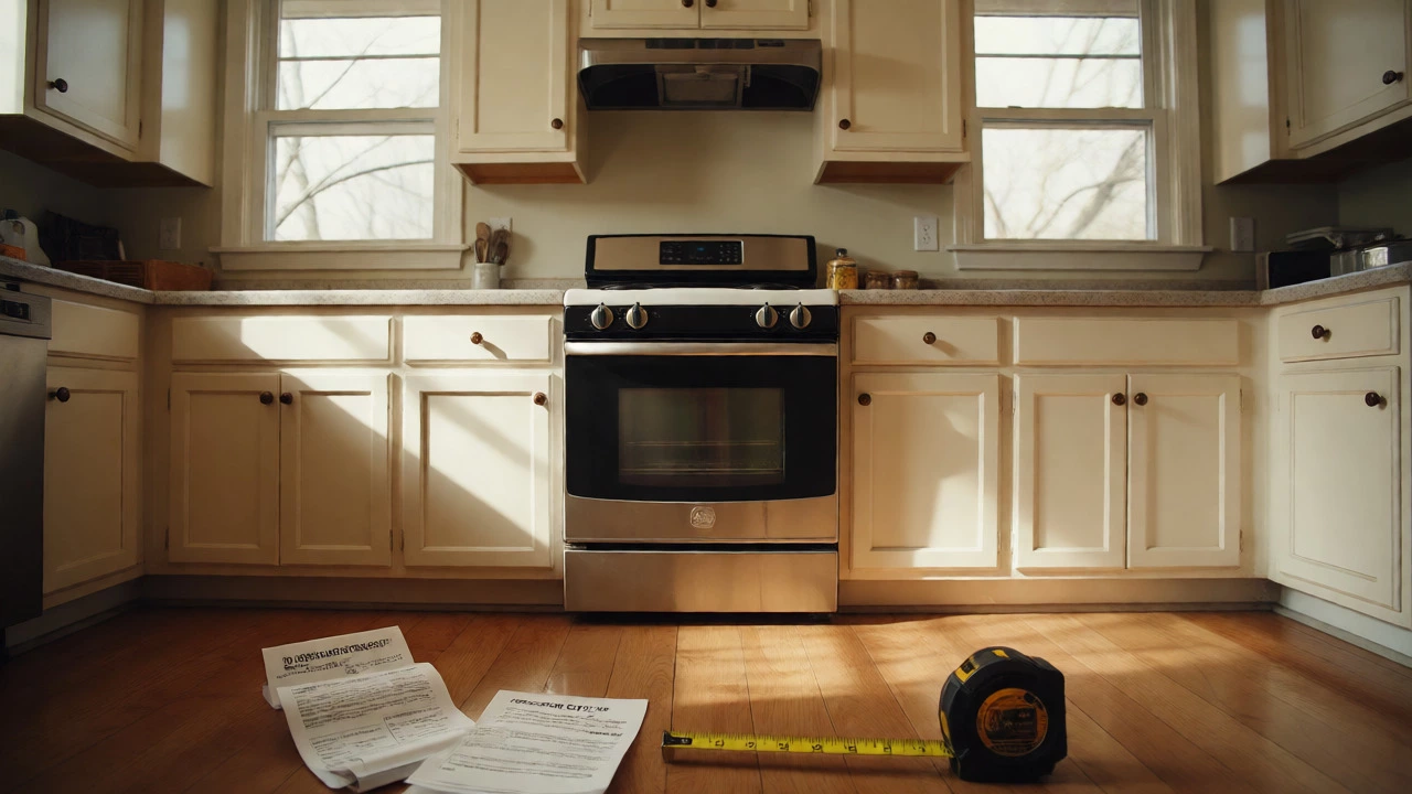 Aged electric range fitting seamlessly into kitchen cabinets with cost quotes nearby.