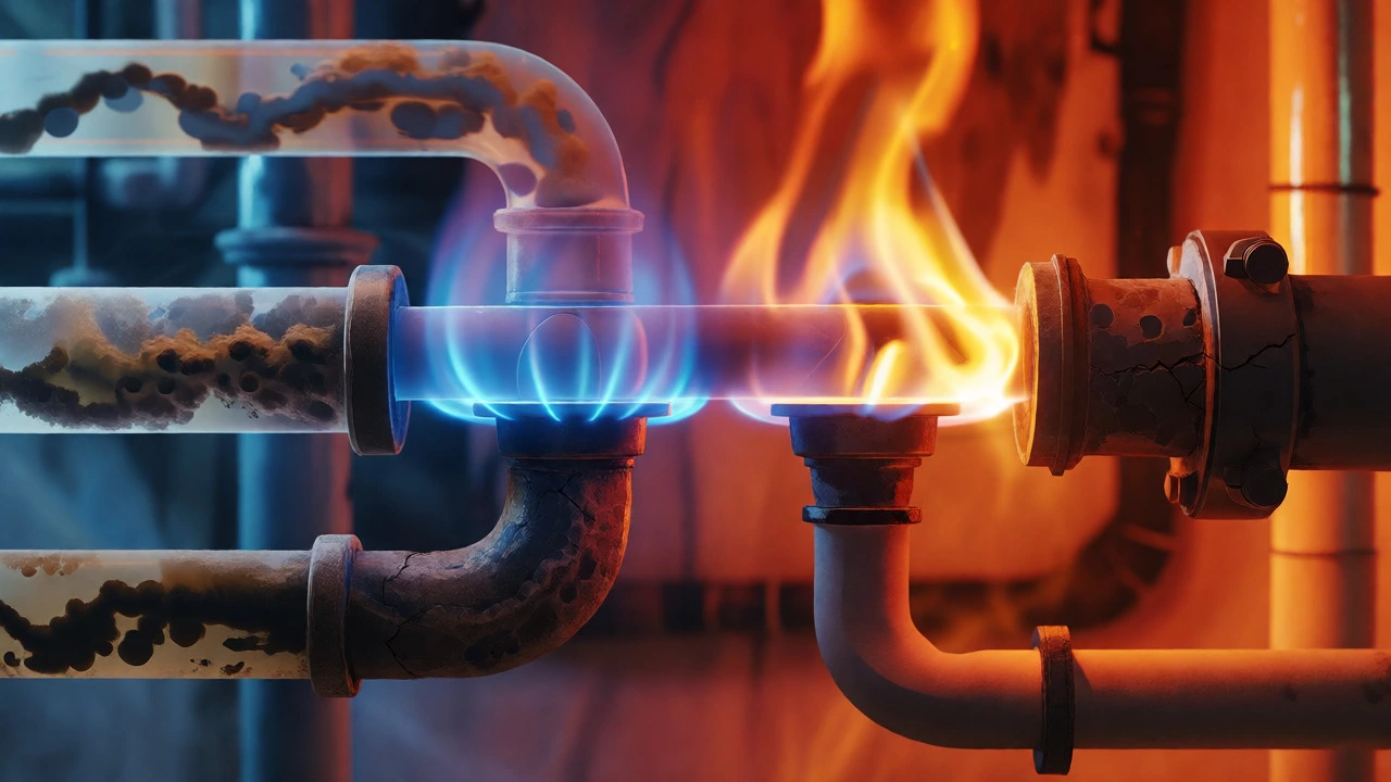 Artistic depiction of boiler wear with yellow flames and limescale