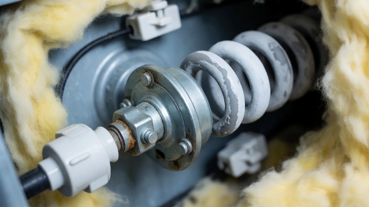 Close-up of a scaled and corroded water heater heating element