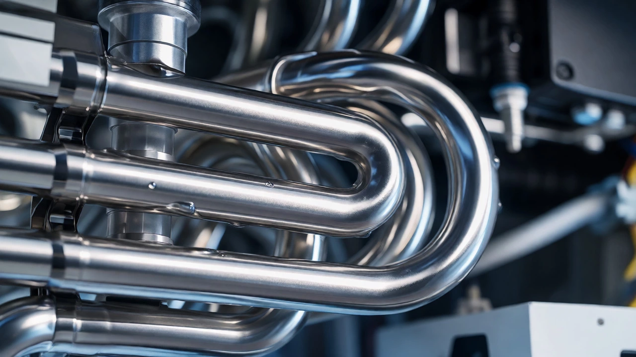 Close-up of stainless steel heat exchanger coils in a modern boiler