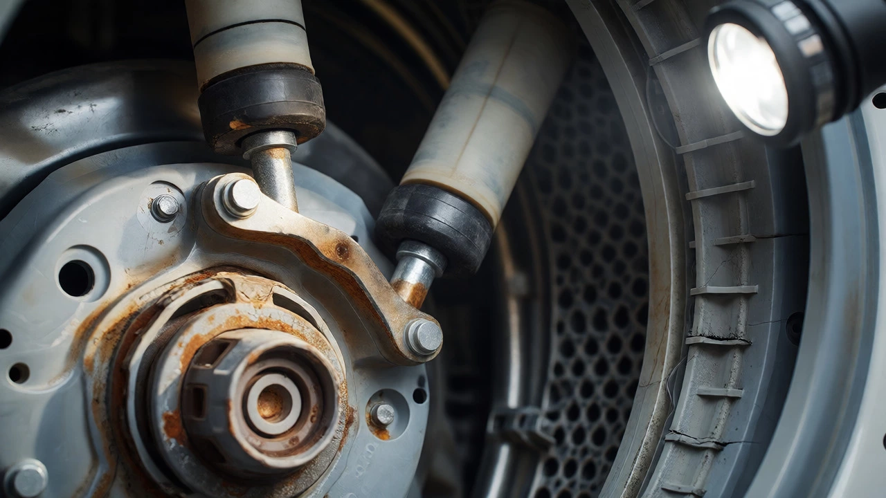 Close-up of worn washing machine parts like shocks and seals