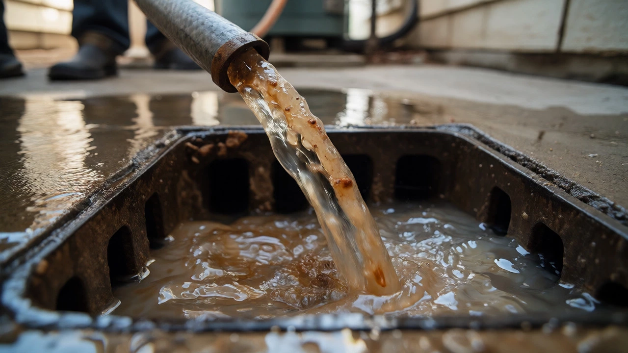 Dirty sediment water draining from a hose into a floor drain