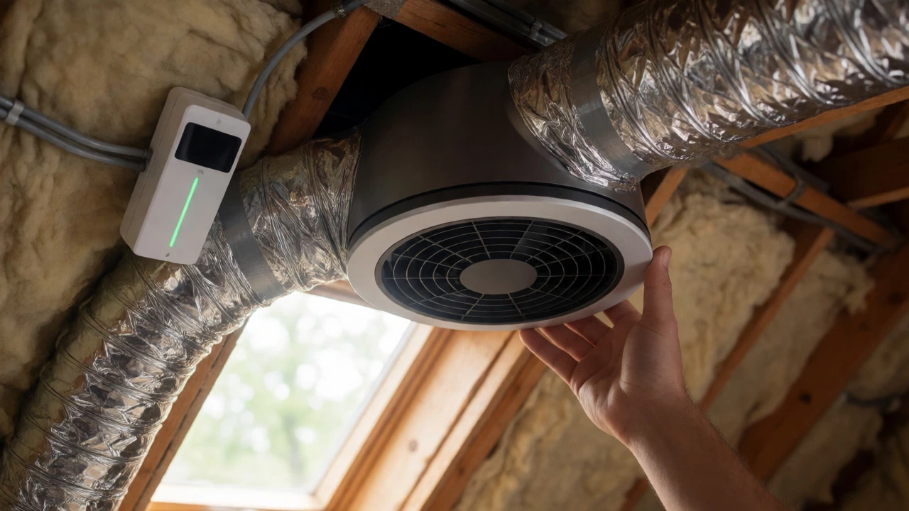 Hand installing an inline duct fan in an attic with insulation