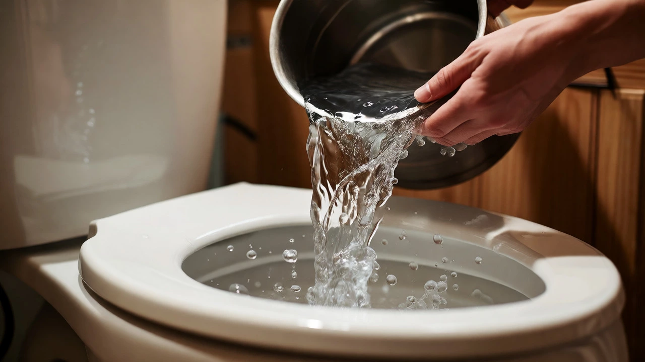 Hands pouring water from a pot into a toilet bowl to perform a manual bucket flush
