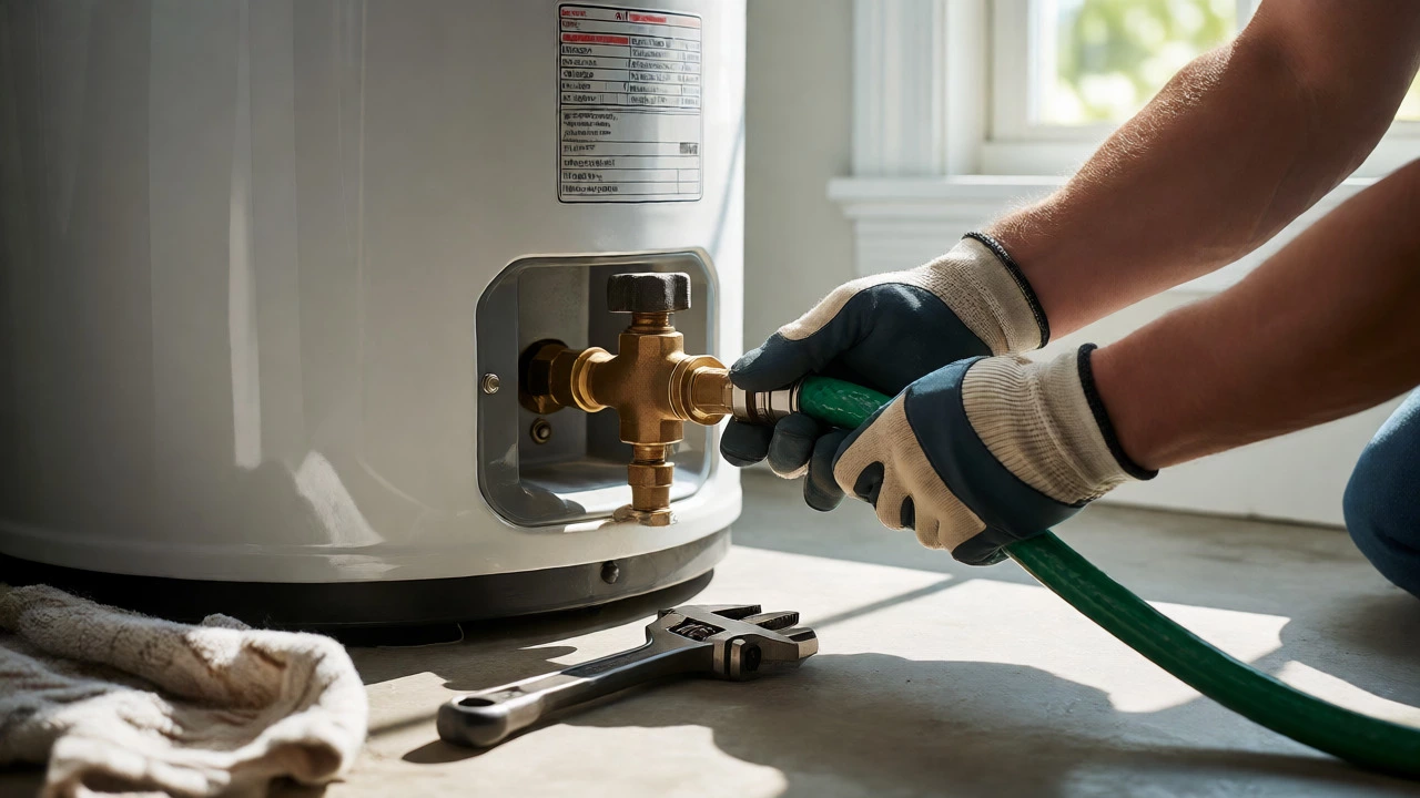 Homeowner attaching a garden hose to a water heater drain valve