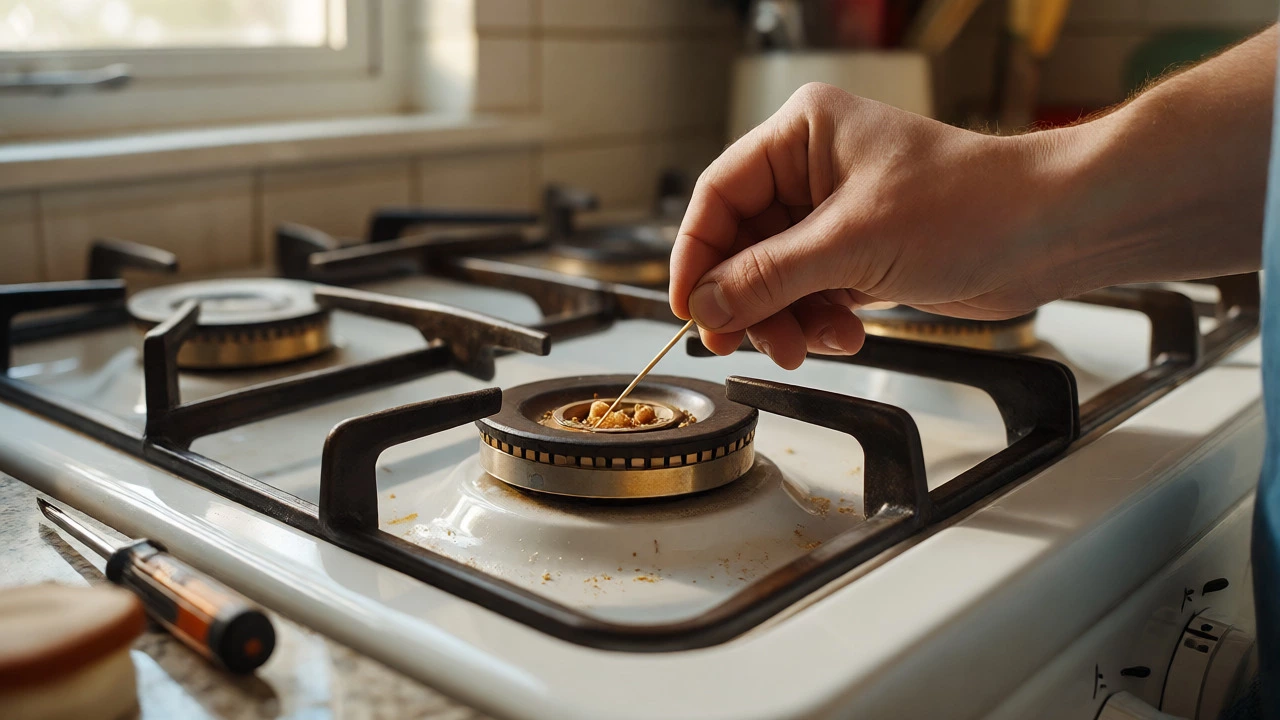 Homeowner cleaning clogged gas burner ports with a toothpick