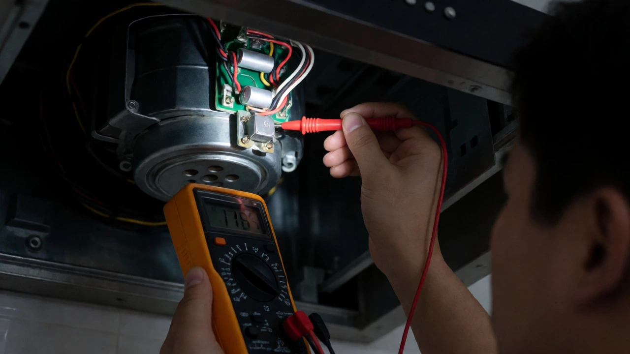 Multimeter testing capacitor inside range hood