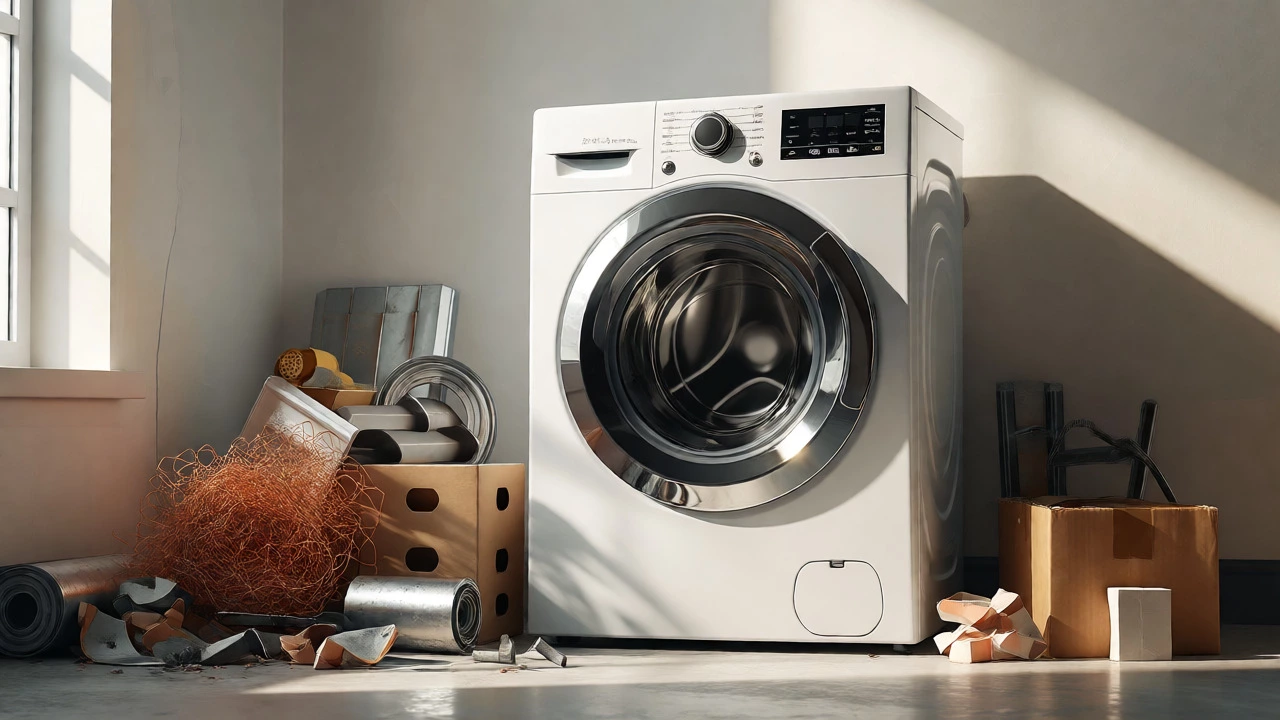 New washing machine beside recycling materials representing upgrade