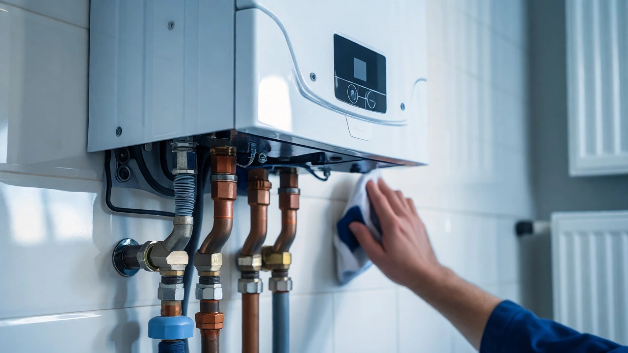 Newly installed clean boiler with tidy pipes and wiped-down surfaces
