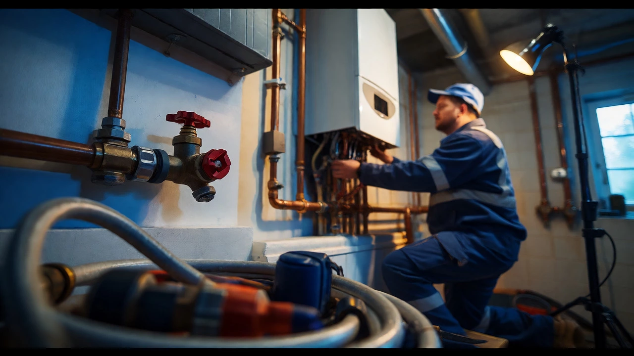 Plumber working on copper pipes near a boiler with the main water stopcock closed