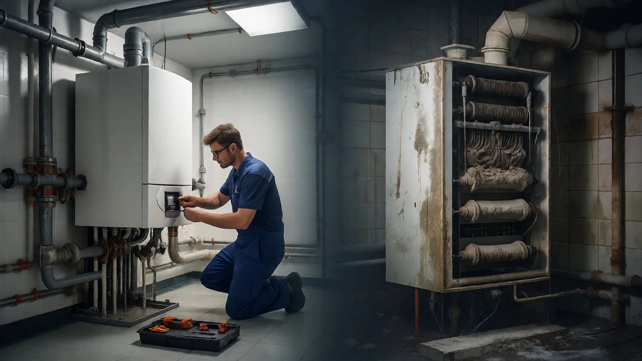Split view comparing a well-maintained boiler against a neglected, leaking one