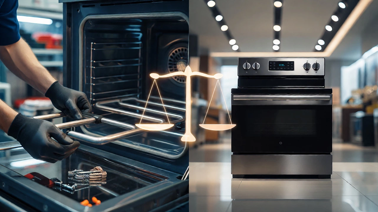 Split view comparing oven repair work with a new appliance in a showroom.