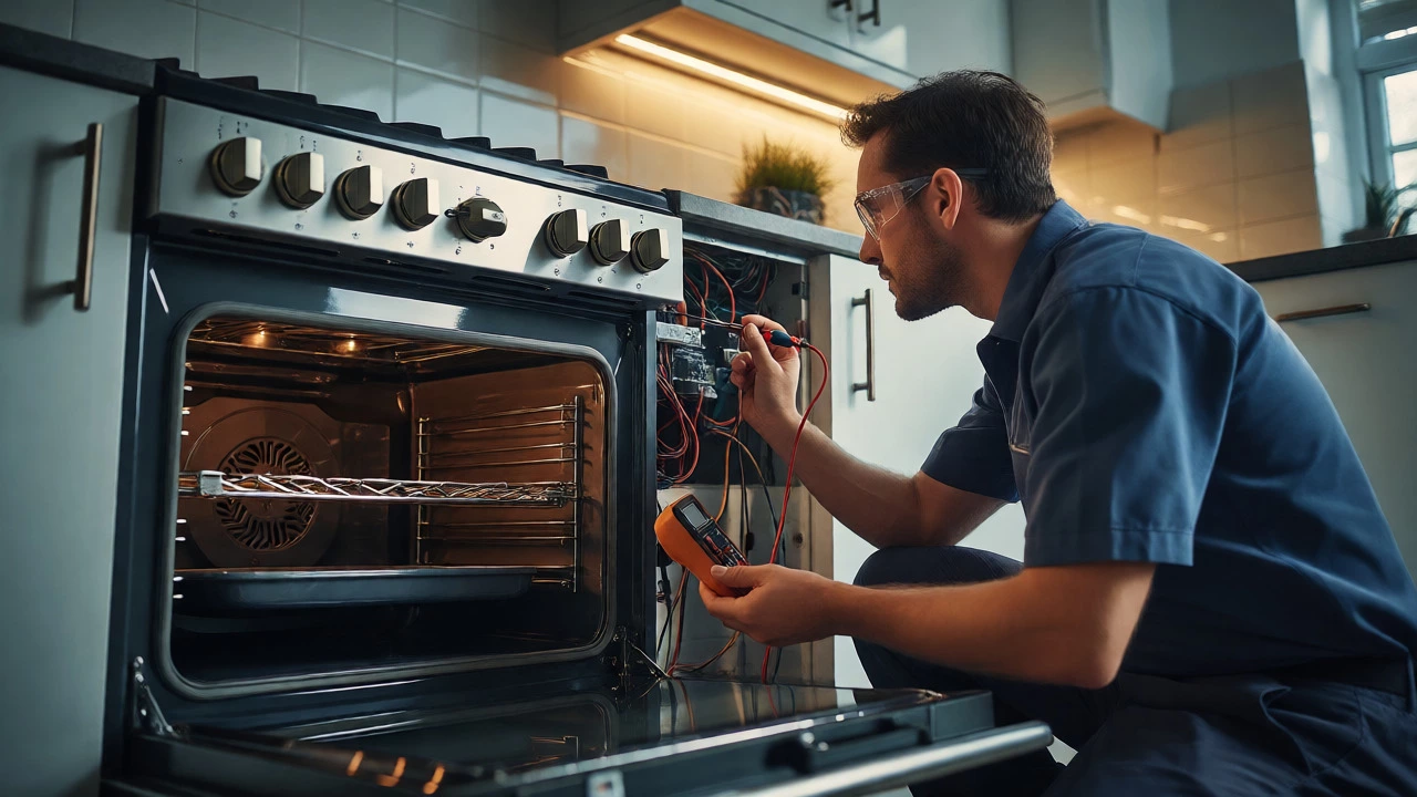 Technician inspecting gas oven control board with a multimeter