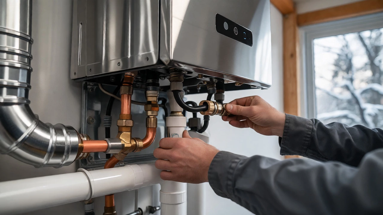 Technician installing a new high-efficiency condensing boiler with precise piping