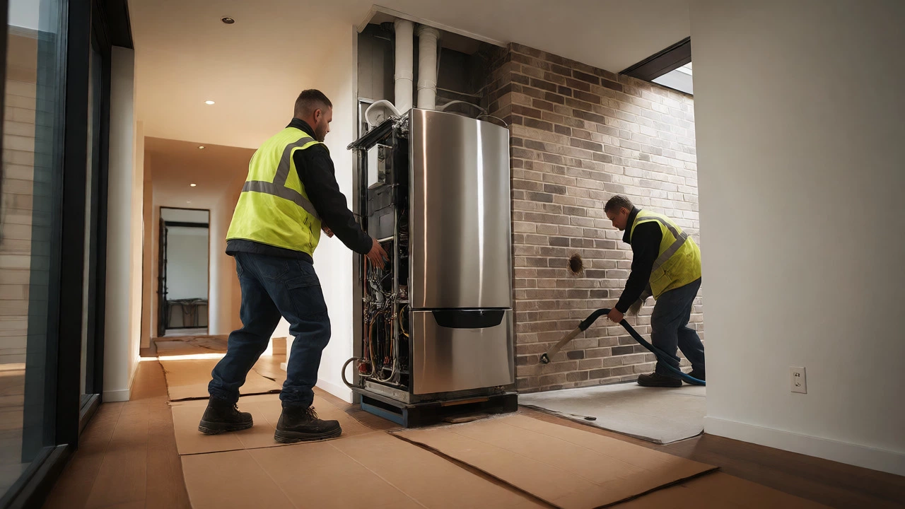 Technicians moving new boiler over protected floors with dust control